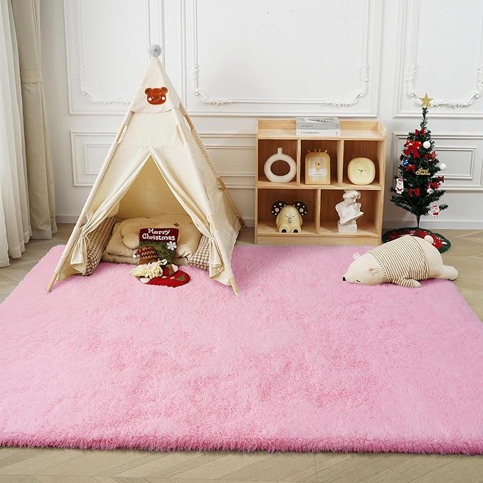 Pink Fluffy Rug Shaggy Area Rug, 4x6 Area Rugs for Girls Bedroom, Soft Cute Baby Play Mat, Indoor Floor Carpet for Teen, Nursery, Preppy Dorm, Plush Aesthetic Bedside Rug