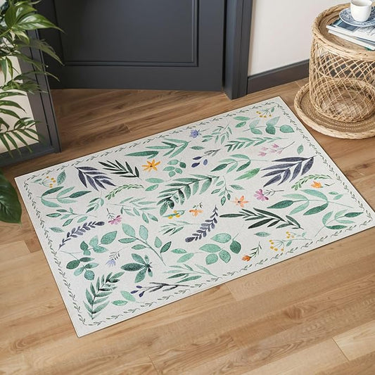 Syalife 2x3 Area Rugs, Non Slip Washable Small Rugs for Entryway, Kitchen, Bathroom, Kids Room, Low Pile Entry Throw Rug Indoor Front Door Mat (Green Leafy, 2'x3')
