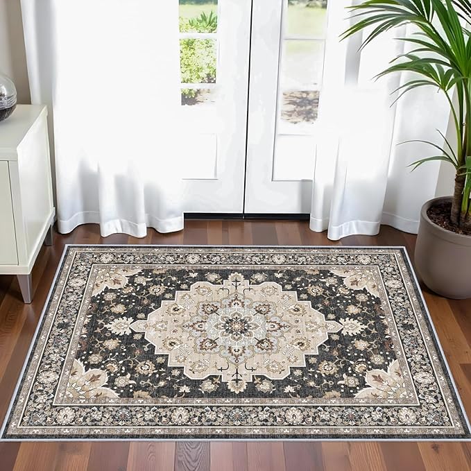 Washable 2x3 Entryway Area Rug: Vintage Non-Slip Backing Rugs for Kitchen Bathroom Water Resistant Carpet for Bedroom Soft Low Pile Front Door Mat for Dining Room 2x3 Black