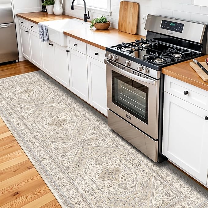 3x10 Runner Rug for Hallway Washable: Non Slip Kitchen Rugs with Rubber Backing Soft Waterproof Mats Stain Resistant Indoor Vintage Carpet Runner for Bedroom Bathroom Laundry Entryway Beige/Gray