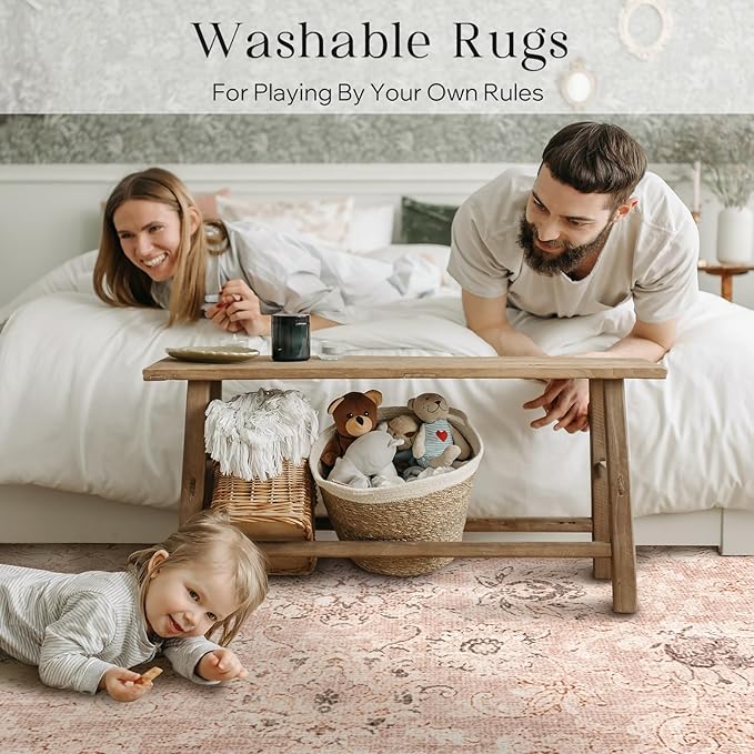 Phantoscope Hallway Runner Rug 2'x10'- Long Rug Runner Boho Washable Non-Slip Carpet for Kitchen Entryway Laundry Bedroom, Ultra-Thin Runners Vintage Distressed Accent Rug, Soft Pink/Beige