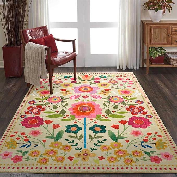 Washable Boho Floral Rugs Thin Pile, Cute Aesthetic Vintage Hippie Bedroom Rugs Colorful Rose Pink Bright Trendy Indie Dorm Carpet, Country Flowers 3x5 Area Rug for Dining Living Room Entryway Kitchen