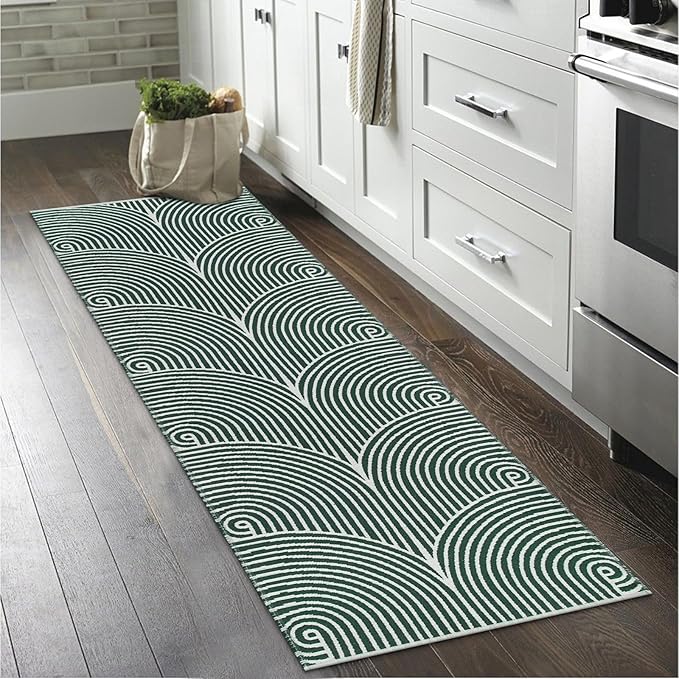 Tiffasea Boho Runners for Hallways 2x6 ft Washable Green Kitchen Runner Rug Cotton Hand-Woven Entryway Rug Reversible Modern Area Rug Carpet Floor Runners for Indoor Bedroom Bathroom