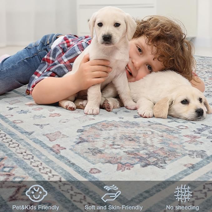 Maxsoft 8x10 Area Rug,Vintage Machine Washable Rugs for Living Room, Soft Non-Slip Low Pile Rug, Stain Resistant Rugs for Kitchen, Bedroom, Dining Room,Laundry Room,Nursery (Beige White)