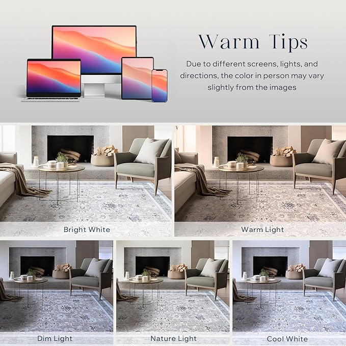 Phantoscope Vintage Collection Area Rug 6'x9' - Washable Rug Boho Rugs Non-Slip for Living Room, Bedroom, Dining Room, Dorm, Indoor Low-Pile Carpet Distressed Accent Rug, Light Grey/Neutral