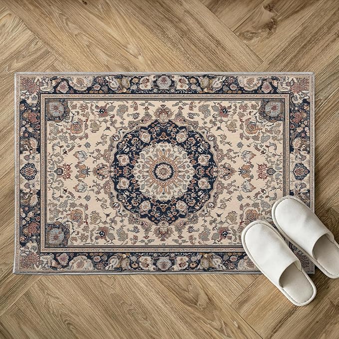 2x3 Boho Rug for Entryway Boho Area Rugs Machine Washable Retro Beige Rug Non Slip Printed Low-Pile Indoor Door Mat Floor Carpet for Kitchen Bathroom Laundry