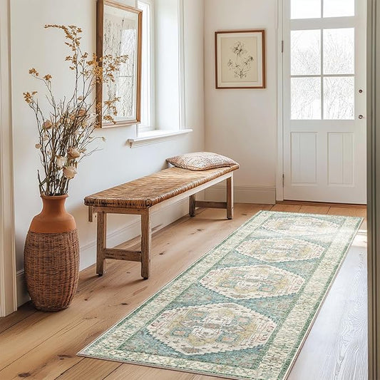 Washable 2x10 Area Rugs, Rugs for Living Room, Low-Pile Water&Stain Resistant Carpet Vintage Distressed Printed Non-Slip Carpet for Bedroom Bathroom Kitchen-Grass Green