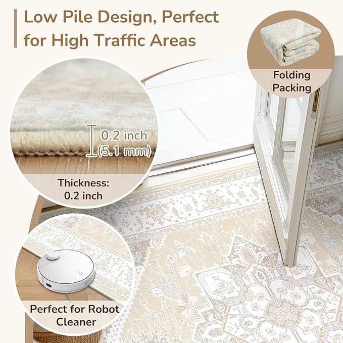 BESTSWEETIE 2x6 Area Rugs for Living Room Washable Non Slip Carpet Low Pile Soft Vintage Print Pattern Rug for Bedroom Dining Room Kitchen Entryway Indoor-Cream/Light Yellow/Brown/Blue/Red/Pink