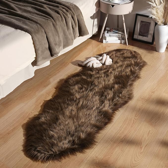 Ashler Faux Fur Rug, Fluffy Shaggy Area Rug Ultra Soft 2 x 6 Feet Sheepskin Fur Rug, Dark Coffee Fuzzy Rug Machine Washable Shag Rug, Nursery Decor Throw Rugs for Bedroom, Kids Room, Living Room