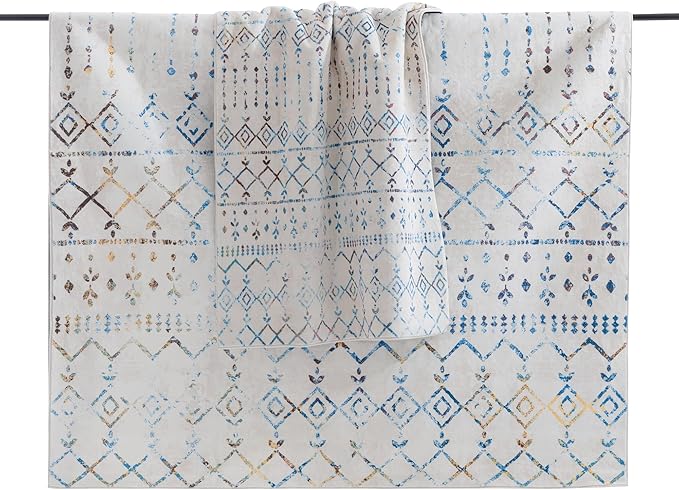 Carvapet Rugs for Living Room Bedroom, Colorful Boho Low Pile Large Carpet with Rubber Backing, Foldable, Non Slip Machine Washable (9 x 6 Feet Rectangular, Colorful Area Rug)