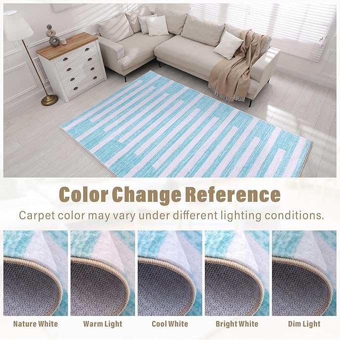 Carvapet Teal Rugs for Living Room, Soft Striped Modern Boho Low Pile Large Carpet with Rubber Backing, Foldable, Non Slip Machine Washable (10 x 8 Feet Rectangular, Teal Area Rug)