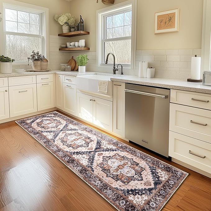 Washable 2x8 Area Rugs, Rugs for Living Room, Low-Pile Water&Stain Resistant Carpet Vintage Distressed Printed Non-Slip Carpet for Bedroom Bathroom Kitchen-Pink/Brown/Navy Blue/Black