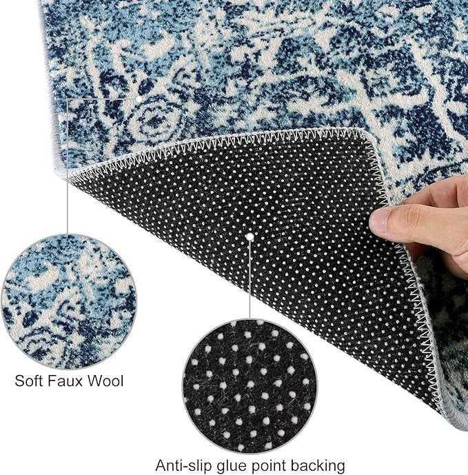 Morebes Vintage 2x8 Runner Rug for Hallways Non Slip, Washable Kitchen Runner Rugs Distressed Bath Mat, Medallion Indoor Floor Carpet for Entryway Laundry Foyer, Deep Blue
