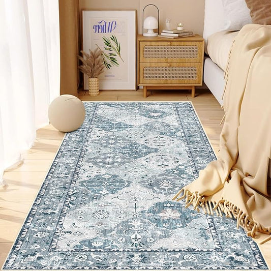 Boho Vintage Area Rugs 2×6 Blue Washable Non-Slip Traditional Rug Runner for Hallway Kitchen Entryway