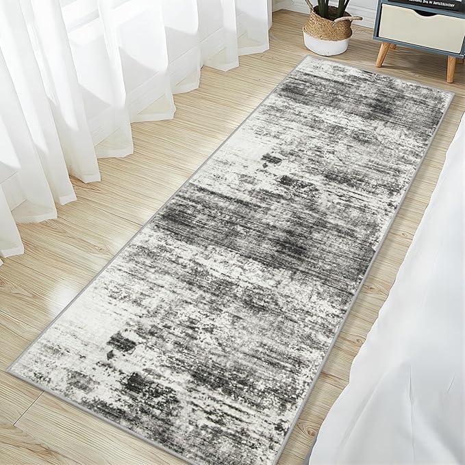 2'6''x8' Runner Rugs Washable Rug: Modern Abstract Hallway Runner Rug Indoor Soft Low Pile Thin Carpet Anti-Skid Non-Shedding Carpets for Kitchen, Entryway, Laundry, Bedroom - Black Grey