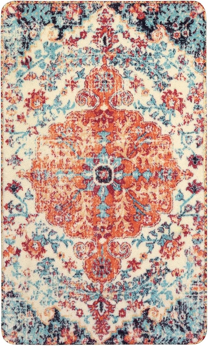 Lahome Bohemian Floral Medallion Area Rug - 4x6 Oriental Distressed Bedroom Rug Country Vintage Faux Wool Indoor Throw Mat Non-Slip Washable Low-Pile Carpet for Bathroom Living Kitchen Laundry Room
