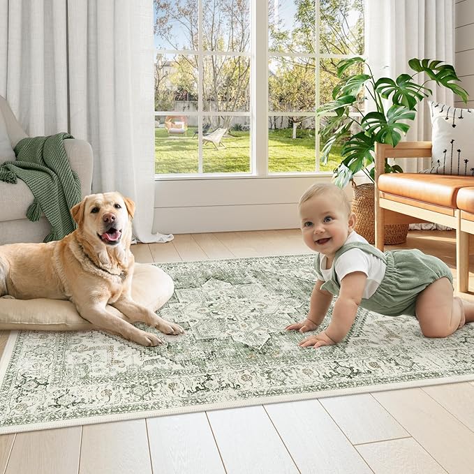 LIVEBOX Washable Area Rug 3x5 - Vintage Tribal Non-Slip Indoor Rug for Kitchen Entryway, Low-Pile Front Door Mat Print Distressed Accent Throw Rug for Bedroom Entry Foyer Laundry Room, Sage