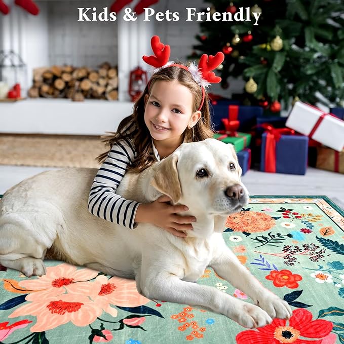 2.5x8 Floral Runner Rug, Flowers Printed Washable Rugs with Non Slip Backing for Girls Bedroom Kitchen Hallway,Cute Carpet Runners Home Aesthetic Decor, Light Green