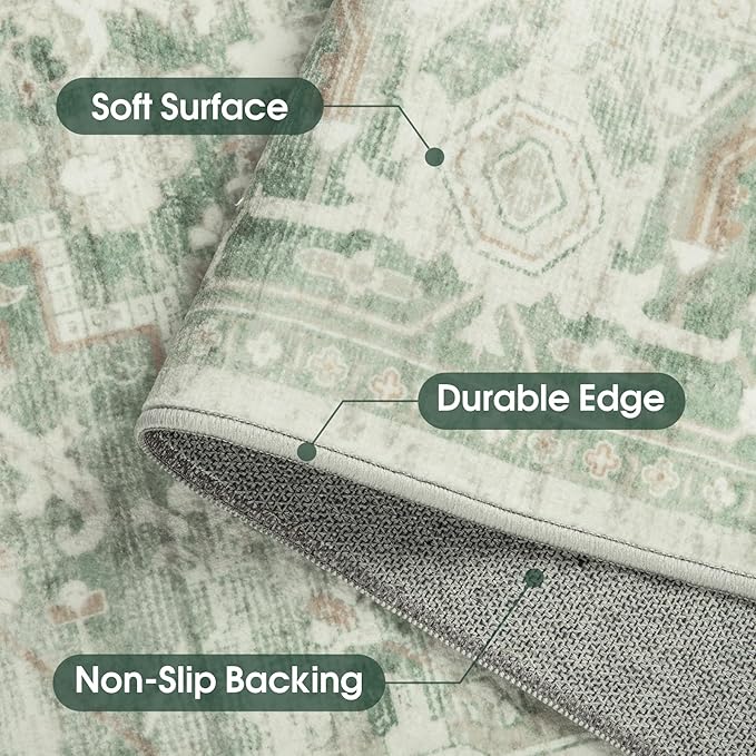 5x7 Area Rug Washable Rug, Soft Vintage Living Room Rug with Anti-Skid Backing Stain Resistant Thin Indoor Carpet Large Area Rug for Bedroom Under Dining Room Table Nursery Entryway -Green