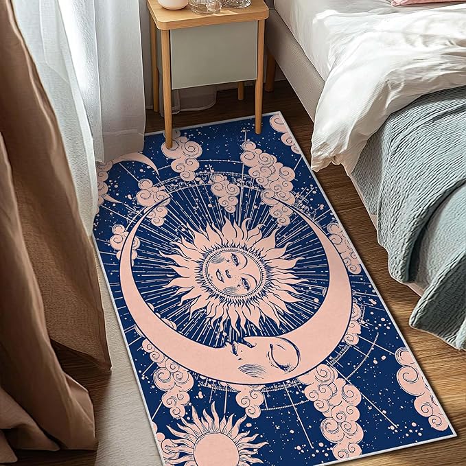 3x5 Entryway Rug Hippie Tarot Celestial Sun and Moon Navy Blue Area Rug Bedroom Bedside Ultra-Thin Small Carpet Bathroom Non Slip Indoor Low Pile Door Mat Kitchen Stain Resistant Washable Machine