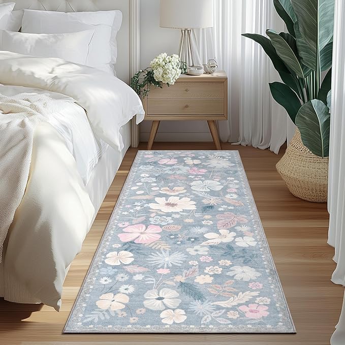 Kitchen Runner Rug 2x6 Washable Non Slip Soft Boho Floral Carpet Runner for Hallways Low Pile Thin Faux Fur Long Area Rug for Bedroom Entrance Patio Laundry Room Bathroom,Pastel Blue