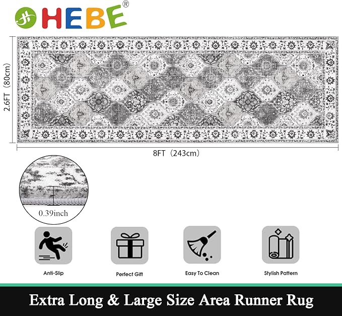 HEBE Hallway Runner Rug 2'8''x8' Washable Vintage Distressed Area Rugs Non Slip Laundry Rug Runner Boho Floor Carpet Runners for Hallways Entryway Laundry Room Kitchen Bathroom