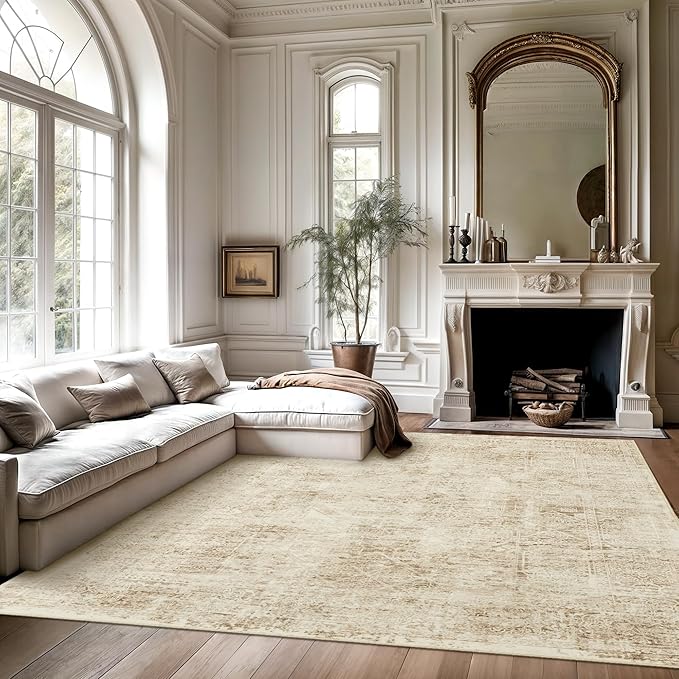 Washable Area Rug 8x10, Large Soft Rugs for Living Room Vintage 8x10 Area Rugs for Bedroom Dining Room Floral Non-Slip Thin Brown Rug