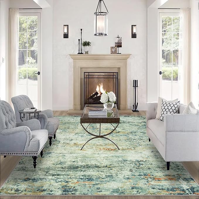 10x14 Area Rugs for Living Room: Large Machine Washable Area Rug with Non Slip Backing Non Shedding Abstract Stain Resistant Carpet for Bedroom Dining Room Nursery Home Office - Sage Green/Multi