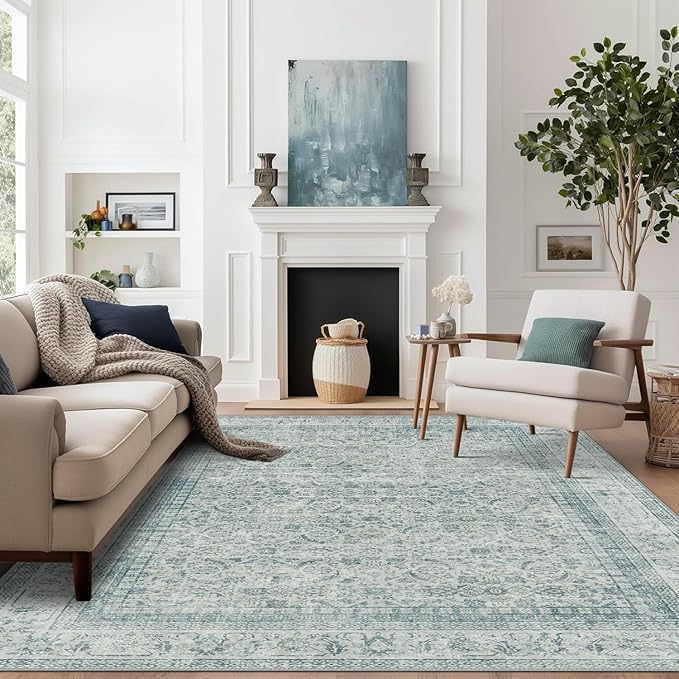 Area Rugs for Living Room 9x12 Machine Washable Rug, Boho Vintage Retro Floral Carpet for Bedroom Dining Room, Low Pile Lightweight Non Slip Rug, Blue