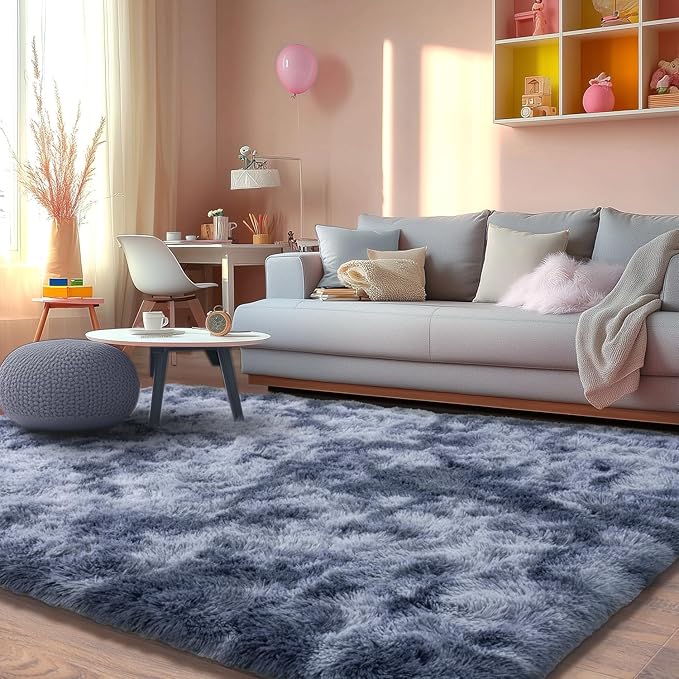 Plush Area Carpet Fluffy Carpet for Living Room Non-Slip Shag Fuzzy for Nursery Tie-Dyed Blue Grey 8x10 Feet