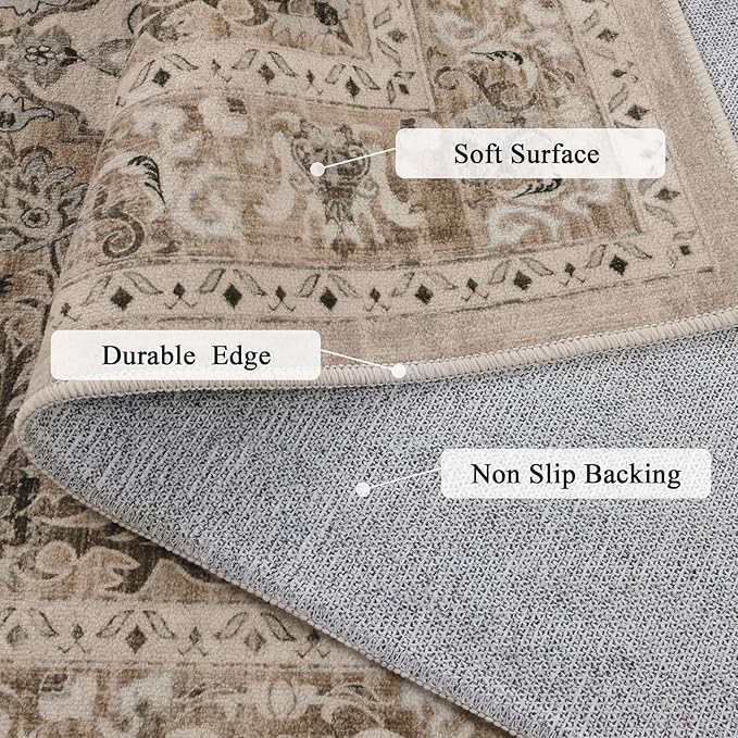 U'Artlines Boho Vintage Area Rug 3x5 Machine Washable Low Pile Soft Floor Carpet Non Slip Non Shedding Accent Rug for Living Room Bedroom Entryway Dining Room Office Beige Brown