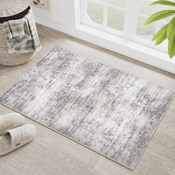2x3 Small Rug Washable Area Rug Grey Entryway Rugs Entrance Door Mat Abstract Low Pile Carpet for Kitchen Bedroom Office Non Slip