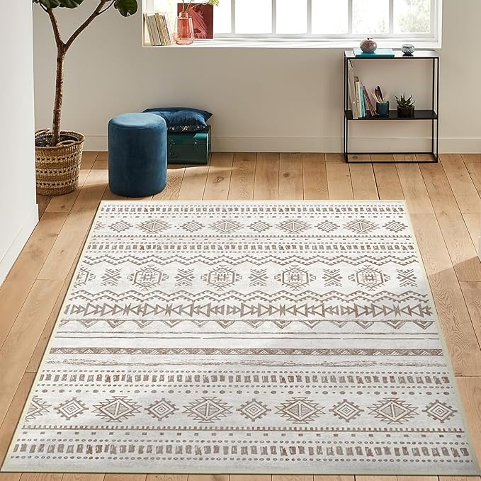 Washable Area Rugs 5'x7' Living Room, Non Slip Boho Vintage Low Pile Large Rugs for Living Room Stain Resistant for TribalBedroom, Farmhouse, Dining Room, Kids Playroom