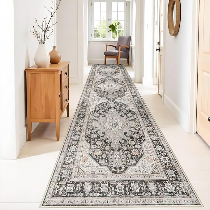 3x12 Runner Rug Hallway - Non Slip Washable Runners Soft Low Pile Long Rugs Oriental Neutral Hall Carpets Ultra Thin Indoor Farmhouse Floor Mat Stain Resistant Waterproof Throw Rug - 3x12 Grey