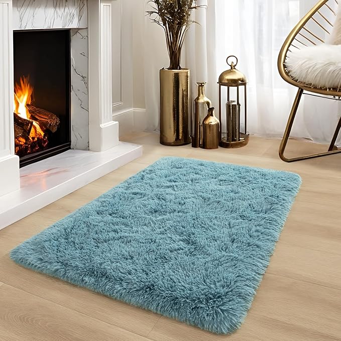 YJ.GWL Area Rugs for Bedroom, 2x3 Door Mat Washable Small Teal Bedside Rug,Fluffy Shaggy Entryway Rugs for Living Room, Shag Indoor Floor Carpet for Kids Boy and Girls, Home Decor Aesthetic