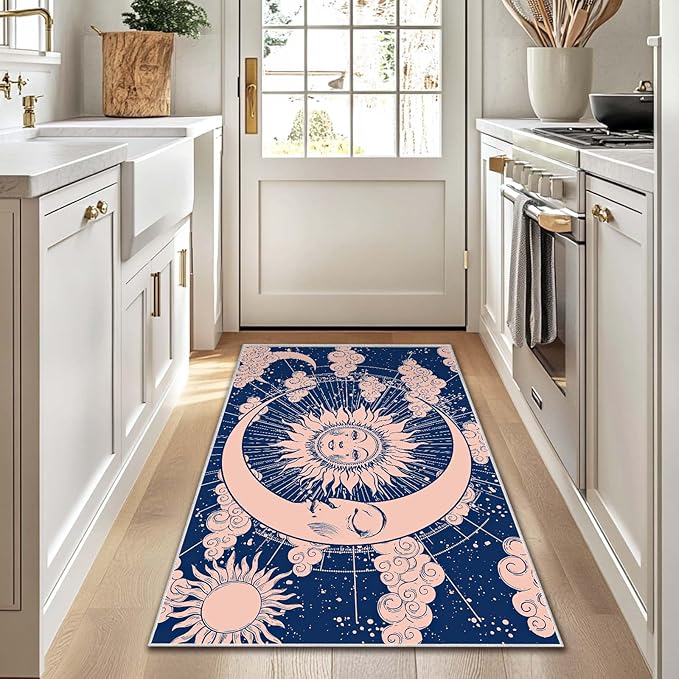 3x5 Entryway Rug Hippie Tarot Celestial Sun and Moon Navy Blue Area Rug Bedroom Bedside Ultra-Thin Small Carpet Bathroom Non Slip Indoor Low Pile Door Mat Kitchen Stain Resistant Washable Machine