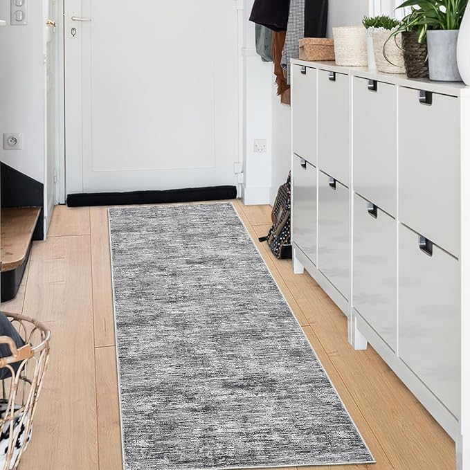 2x6 Runner Rug Washable Kitchen Runner Rug Modern Abstract Runner Mat for Hallway Contemporary Solid Rug Non-Slip Foldable Aesthetic Accent Floor Carpet for Living Room Bedroom, Ivory/Grey