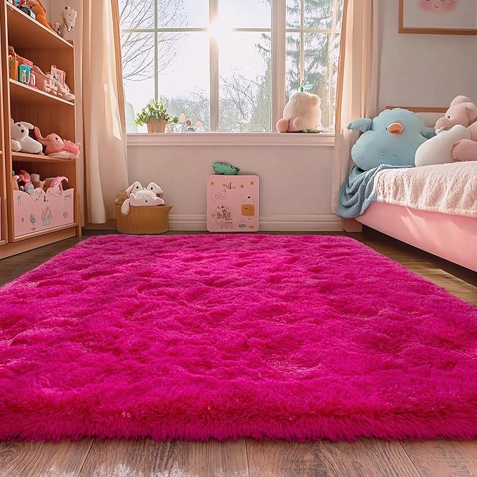 Hot Red Fluffy Rug for Bedroom 4x5.9 ft - Ultra Soft & Non Slip Shaggy Area Rug, Comfy Durable Carpet for Living Room Kids Room Teens Dorm Home Decor, 1.7'' Thick Indoor Plush Carpets