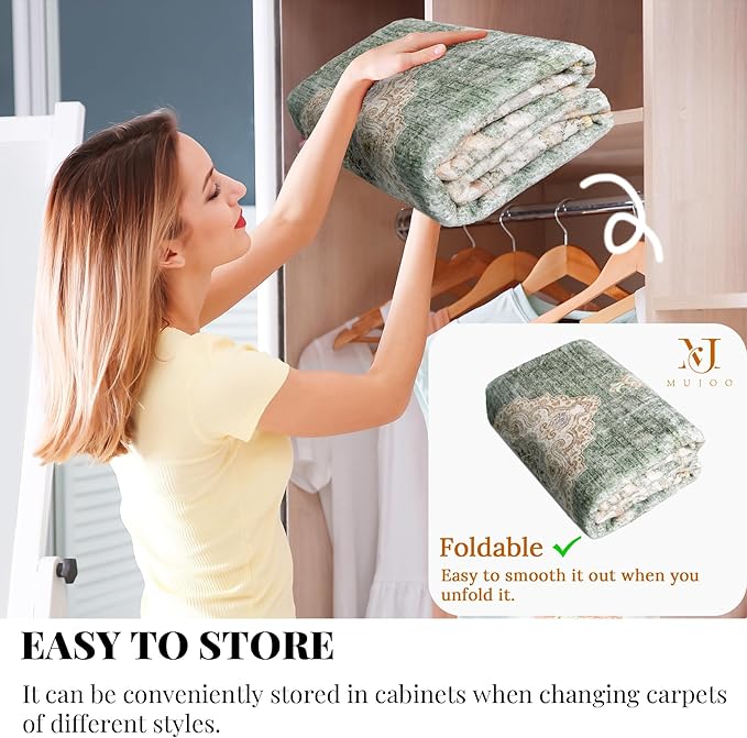 MUJOO Boho Rug 4'x6.5' Area Rugs for Bedroom Living Room Dining Room Green Small Rugs Machine Washable Non Slip Carpet for Office Dorm Bedside Kitchen Laundry Room Accent Soft Floral
