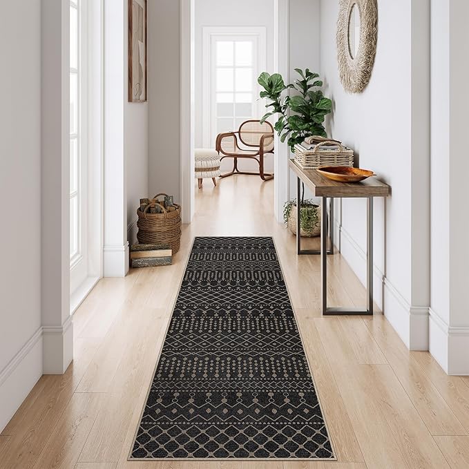 Lahome Washable Long Rug Runners for Hallways Non Slip, 2'6"x8 Jute Black Kitchen Runners Rug with Rubber Backing, Farmhouse Indoor Outdoor Runner Rugs, Moroccan Modern Carpet Runner for Entry Bedroom