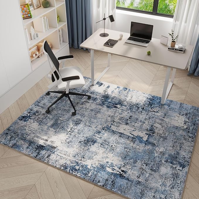 4x6 Rug Washable Boho Soft Area Rug Abstract Pattern Non-Slip Faux Wool Vintage Rug for Living Room, Bedroom Rug, Farmhouse, Dining Room, Indoor, Kids Playroom, Blue