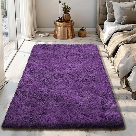 Purple Fluffy Rug Shaggy Area Rug, 3x5 Area Rugs for Girls Bedroom, Soft Cute Baby Play Mat, Indoor Floor Carpet for Teen, Nursery, Preppy Dorm, Plush Aesthetic Bedside Rug