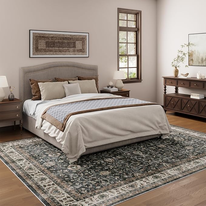Dripex 8x10 Area Rugs, Machine Washable Non Slip Distressed Boho Rugs,Large Area Rug for Bedroom Aesthetic, No Pile Lightweight Vintage Rug, Carpet for Living Room Dining Room Den,Blue and Brown