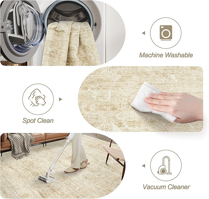 Washable Area Rug 8x10, Large Soft Rugs for Living Room Vintage Beige Rug 8x10 Area Rugs for Bedroom Dining Room Floral Non-Slip Thin Rug