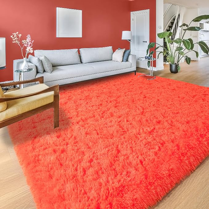 YJ.GWL Area Rugs for Living Room Bedroom, 5x8 Machine Washable Large Orange Carpet, Soft Fluffy Shaggy Thick Big Shag Indoor Floor Rug for Kids Boy and Girls Room Dorm Home Decor Aesthetic