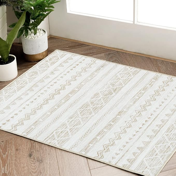 jinchan Area Rug 2x3 Moroccan Entryway Ultra-Thin Door Mat Washable Boho Geometric Rug Non-Slip Carpet for Bathroom Bedroom Laundry Room Taupe