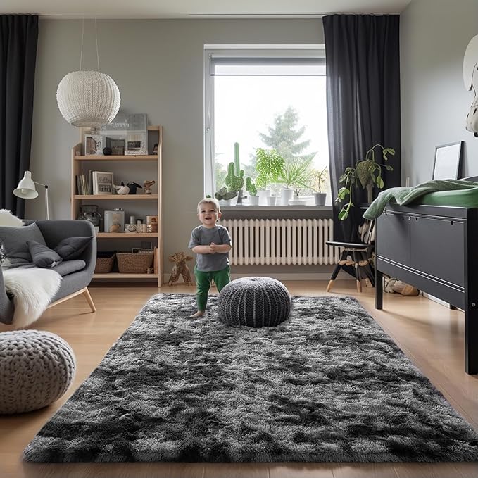 Zentavio Black and Grey Area Rugs for Living Room Large Men Room Carpet 6x9 Bedroom Fluffy Furry Shag Aesthetic Plush High Pile Floor Rug for Kids Room Dorm Home Decor Gray