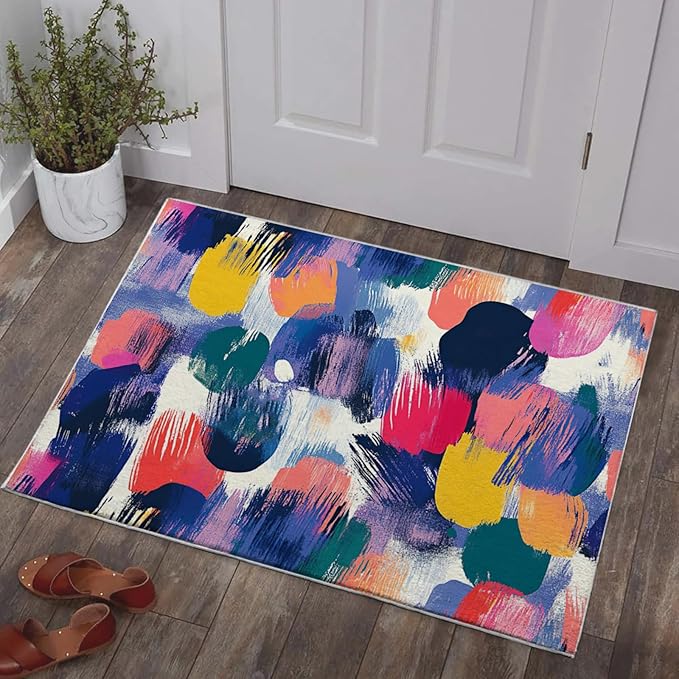2x3 Entryway Rug Abstract Colorful Area Rug Ultra-Thin Soft Small Carpet Bathroom Non Slip Indoor Entrance Low Pile Door Mat Kitchen Stain Resistant Washable Machine