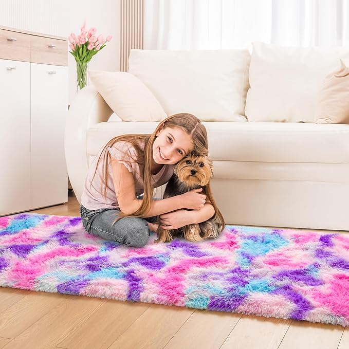 Tepook Soft Rainbow Rug for Girls Room, Cute Fluffy Girls Bedroom Rug, 2x6 Feet Shaggy Princess Rug Colorful Carpet for Kids Teens Toddler Playroom Nursery Reading Nook, Hot Pink
