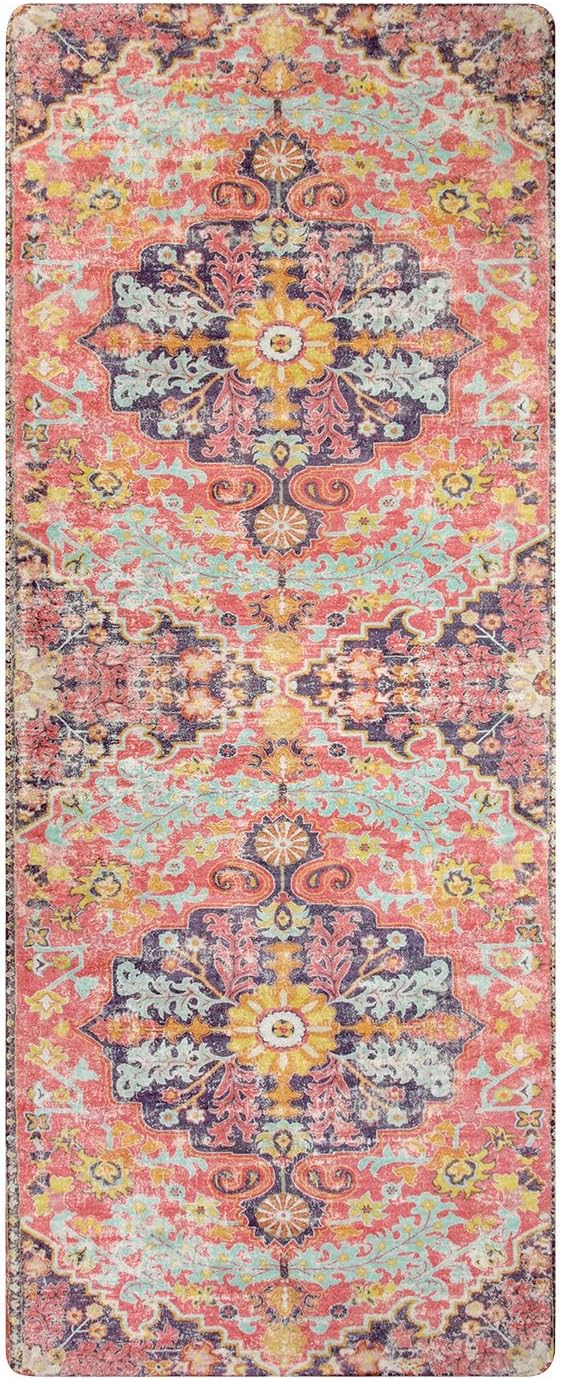 Lahome Bohemian Washable 2x5 Hot Pink Kitchen Runner Rug, Non Slip Bathroom Laundry Room Rug Runner, Floral Medallion Soft Carpet Runners for Entryway Hallway Foyer Decor